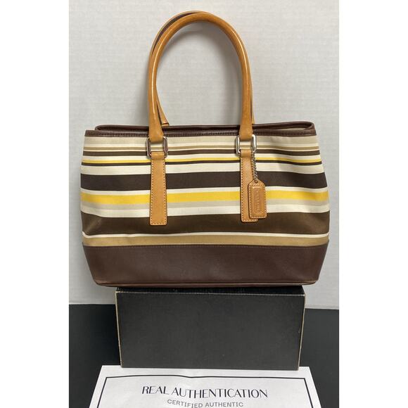 Coach Hampton Canvas Tote Yellow and Brown Stripes - Picture 1 of 9